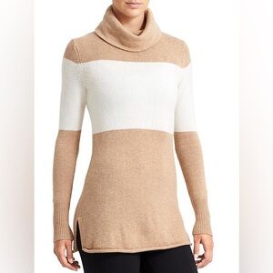 Athleta Cashmere Chalet Sweater Rollover Turtleneck Ivory Camel Heather knit